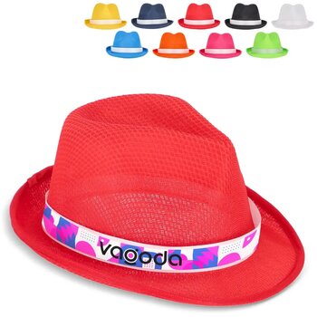 Polyester hoed met band fluor assorti / paars